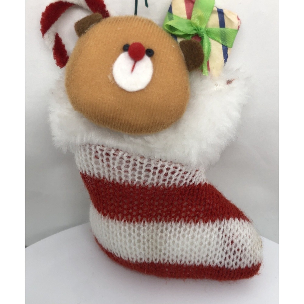 Vtg 1970s Handmade Teddy Bear And Stocking Christmas Ornament 5" Candy‎ Cane